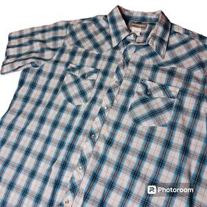 Wrangler Shirt Mens XXL Blue Plaid Short Sleeve Pearl Snap‎ Retro Western Cowboy